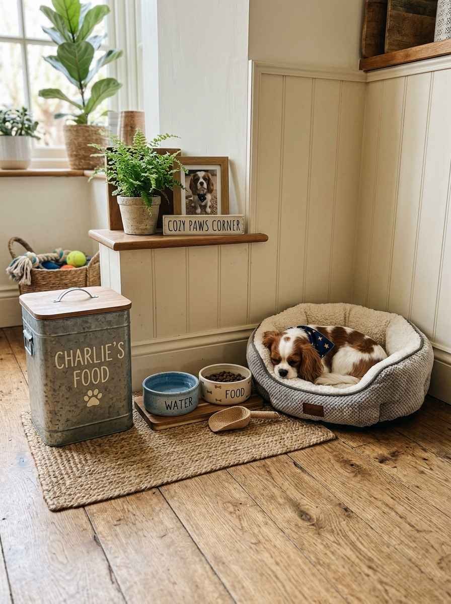 A cozy pet feeding station with a labeled food bin, ceramic bowls, and a small dog bed nearby.