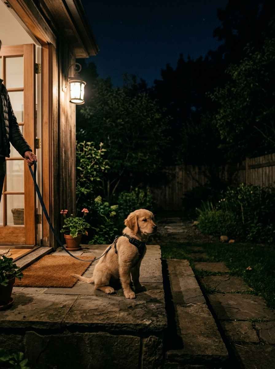 A dimly lit backyard at night with a puppy on a leash near the door, calm and quiet nighttime potty break.