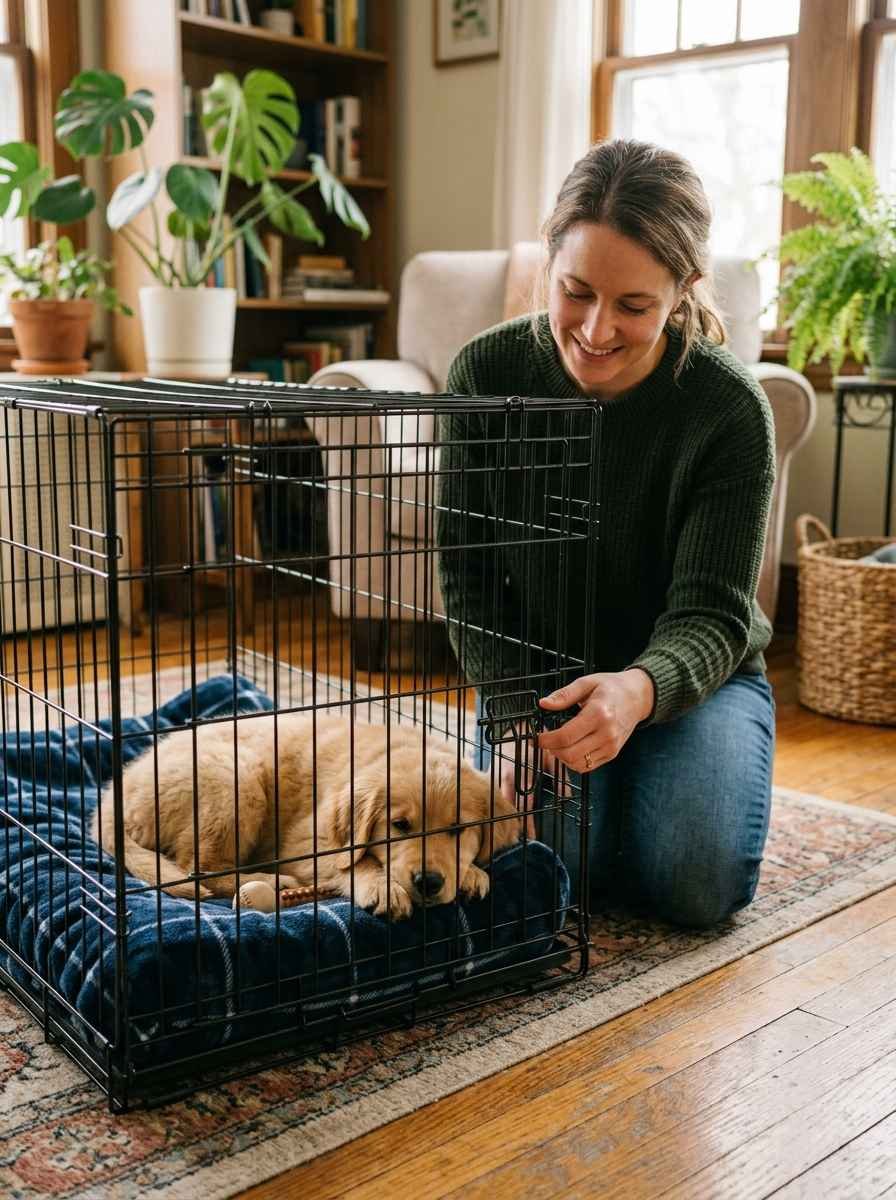 A person calmly closing a crate door while a relaxed puppy settles onto a blanket inside.