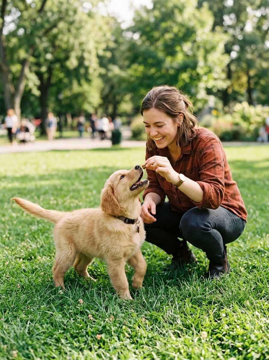 A person crouched down giving a small treat to a happy puppy outdoors on the grass.