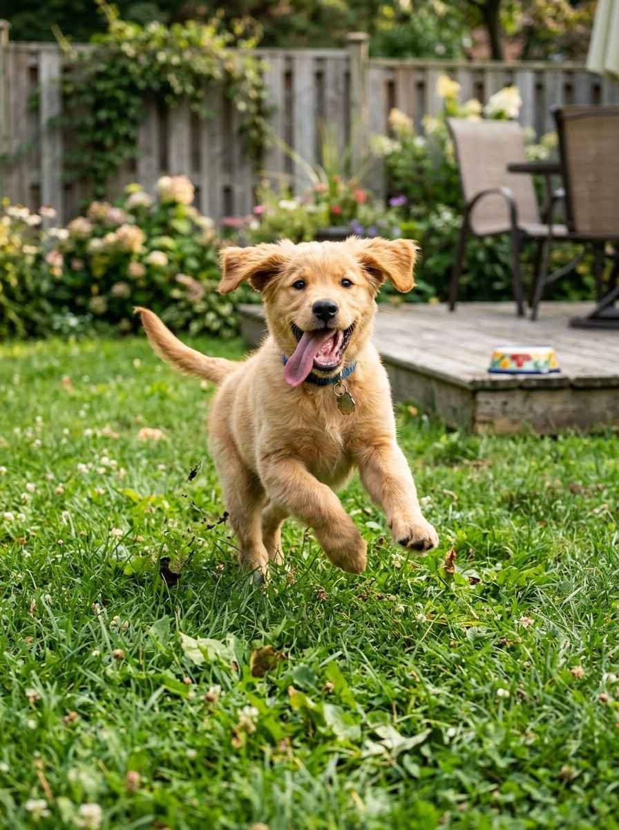A playful puppy mid-run in a grassy backyard, tongue out, clearly full of energy after a meal.