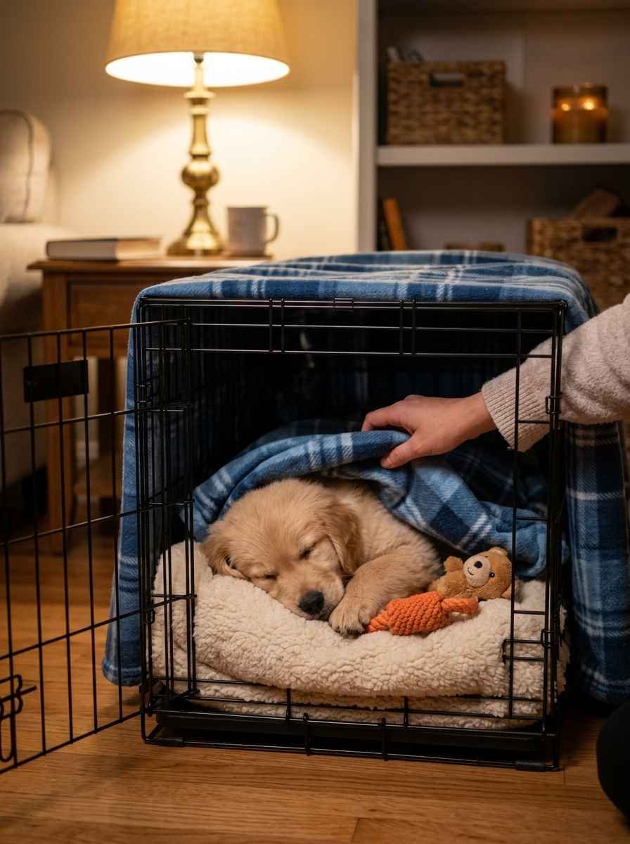 A puppy being gently tucked into a crate with a soft blanket and a small chew toy, warm lamp light in the background.
