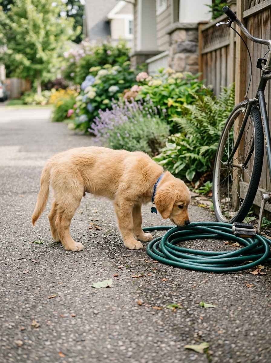 A puppy calmly sniffing a new object like a garden hose 