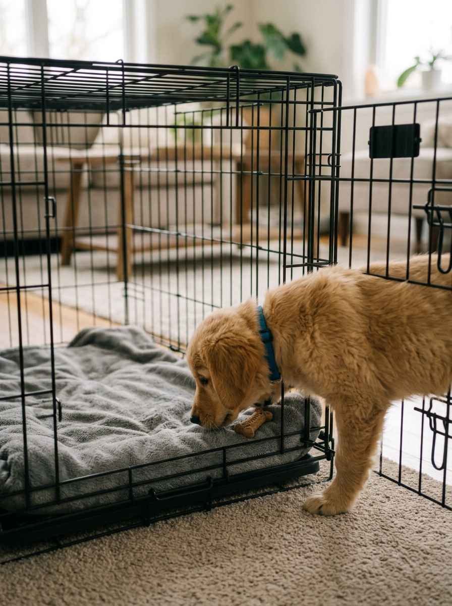 A puppy curiously stepping into an open crate to sniff a small treat placed just inside.