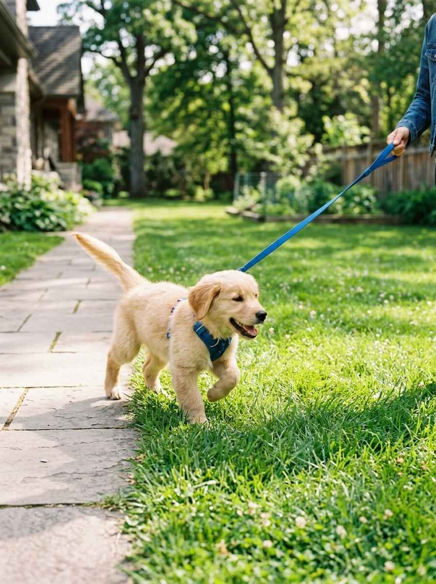 A puppy mid-stride walking toward a grassy yard on a leash, tail wagging with excitement.
