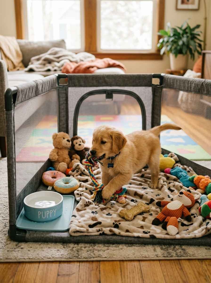 A puppy playing inside a cozy indoor playpen surrounded by soft toys and a water bowl.