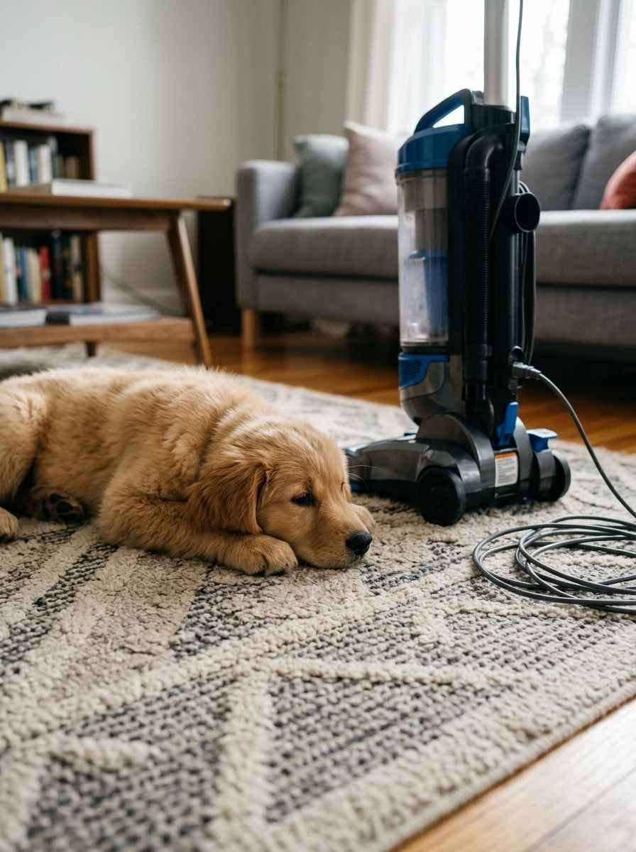 A puppy resting calmly on a rug near a vacuum cleaner placed
