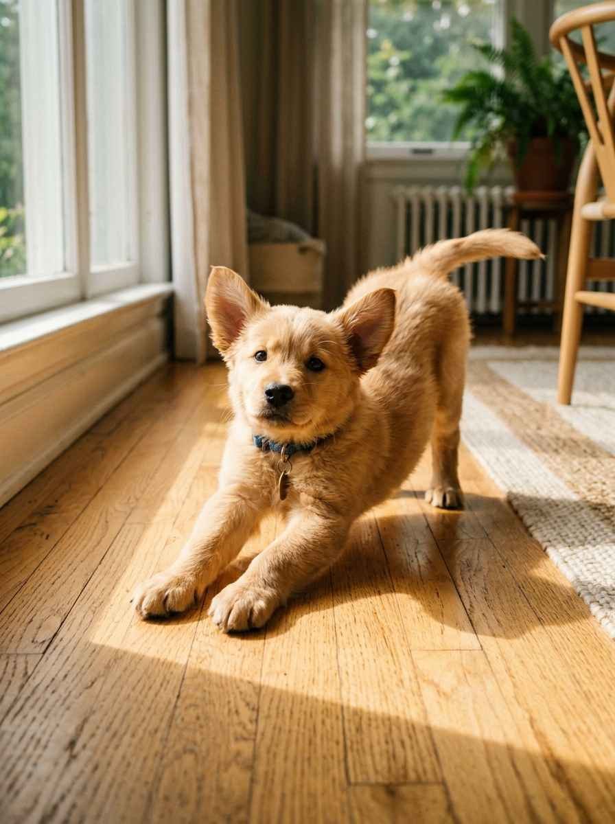 A puppy stretching on a sunlit patch of hardwood floor first thing in the morning, ears perked and alert.