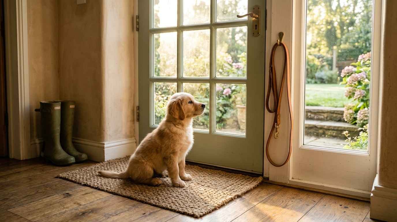 A small puppy sitting attentively by a back door next to a leash, morning light streaming in.