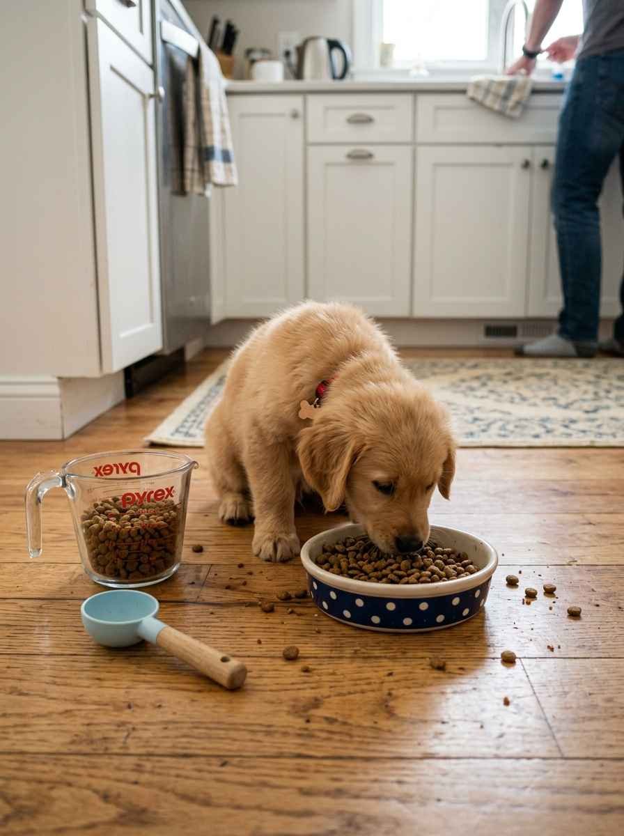 A tiny puppy eating from a shallow bowl on a kitchen floor, with a measuring cup of kibble nearby.