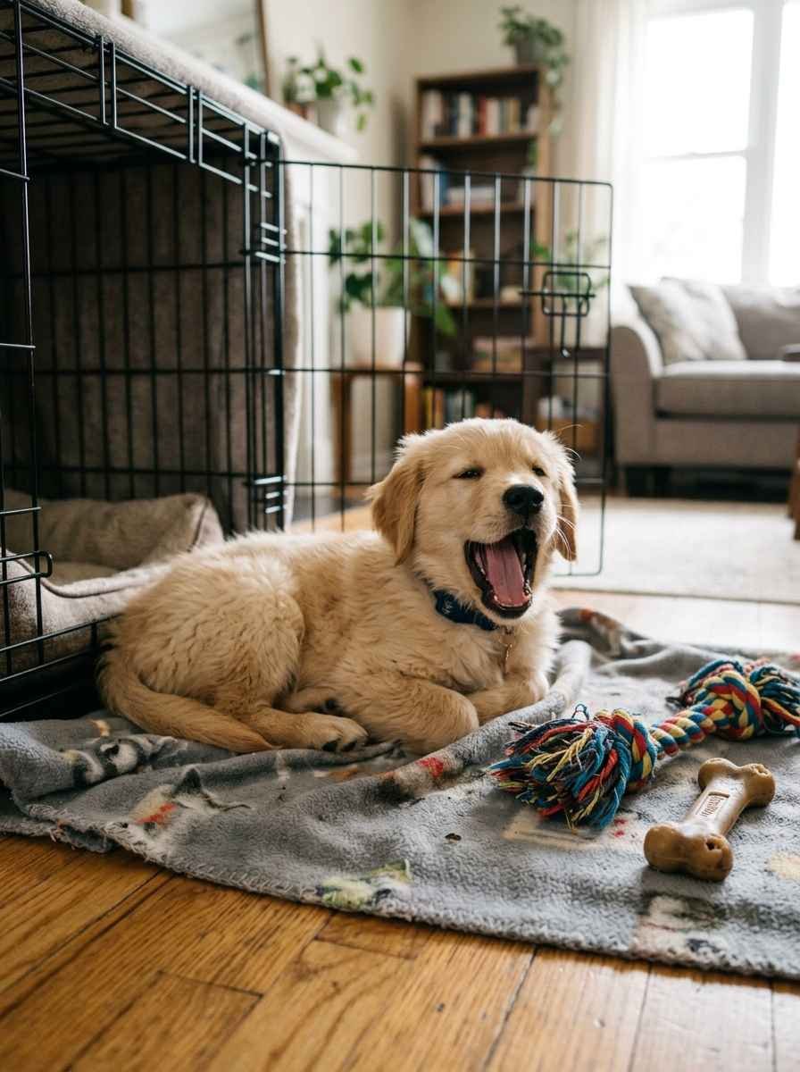A worn-out puppy yawning after playtime, lying near an open crate door with a chew toy nearby.