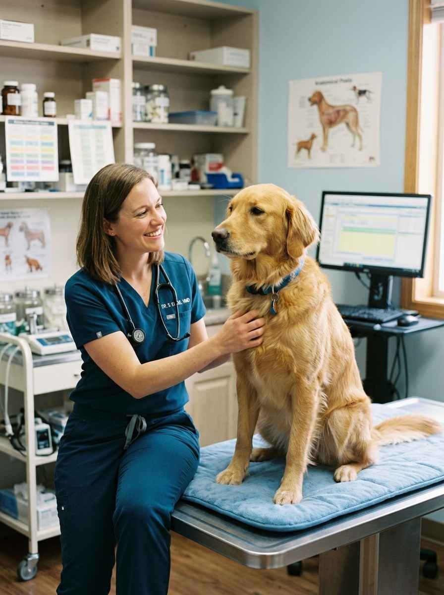 A relaxed adult dog sitting beside a vet during a routine wellness checkup, calm and content.