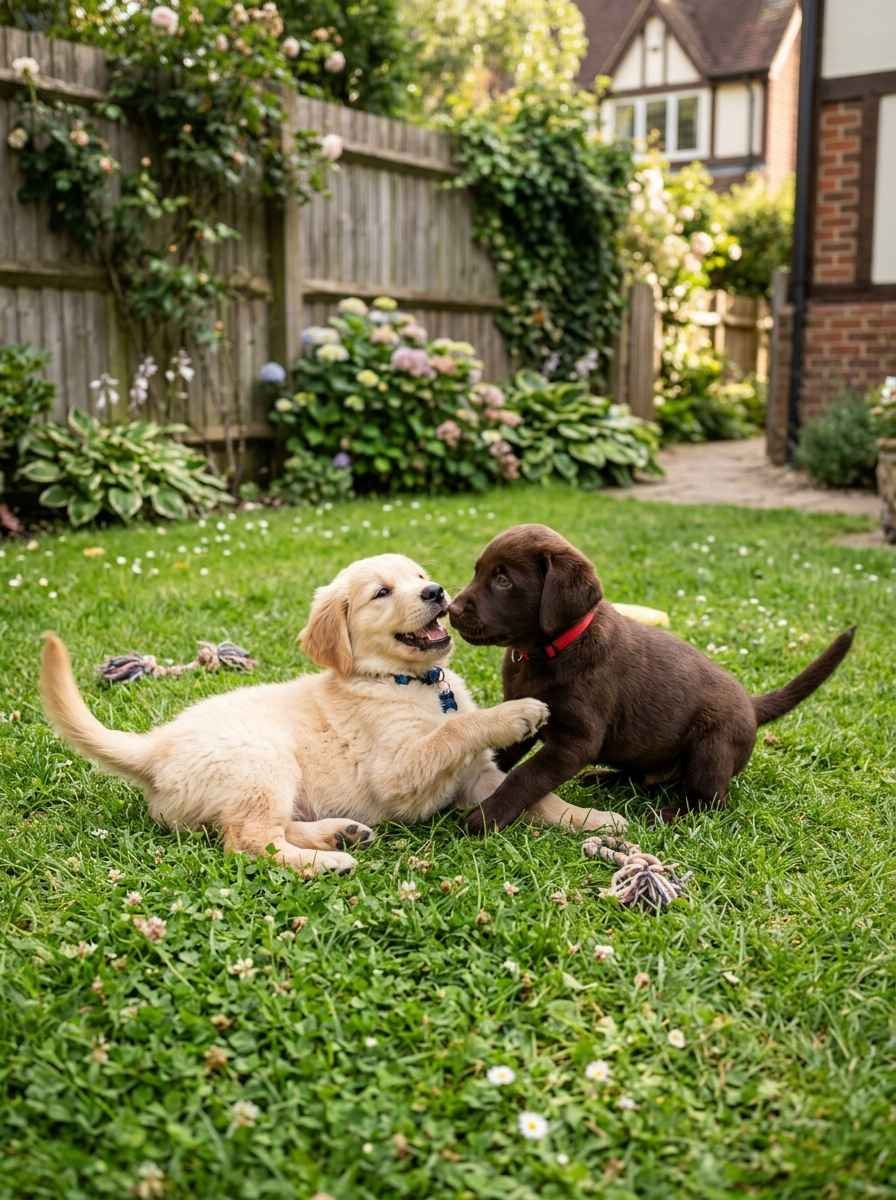 Two puppies playing gently together on grass in a backyard