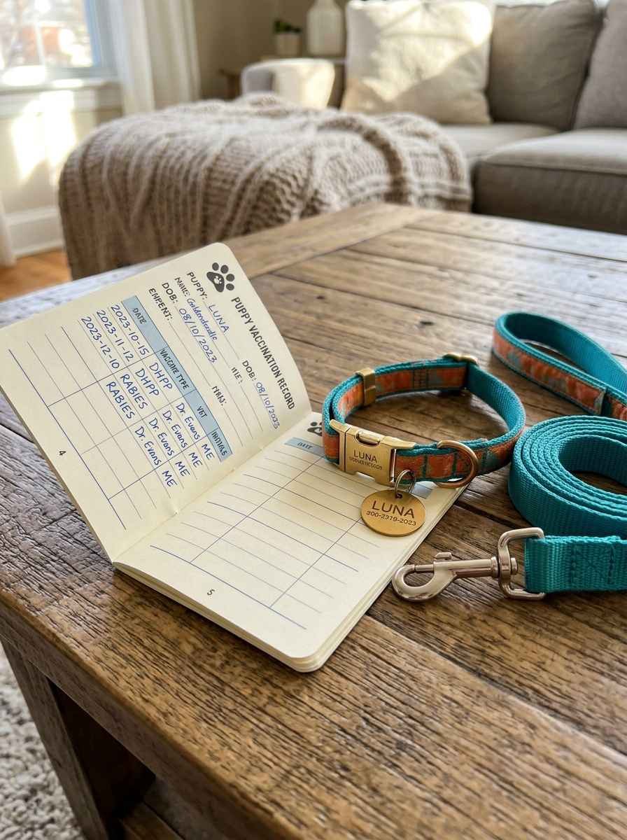 A small vaccination record booklet lying open on a table next to a puppy's collar and leash.