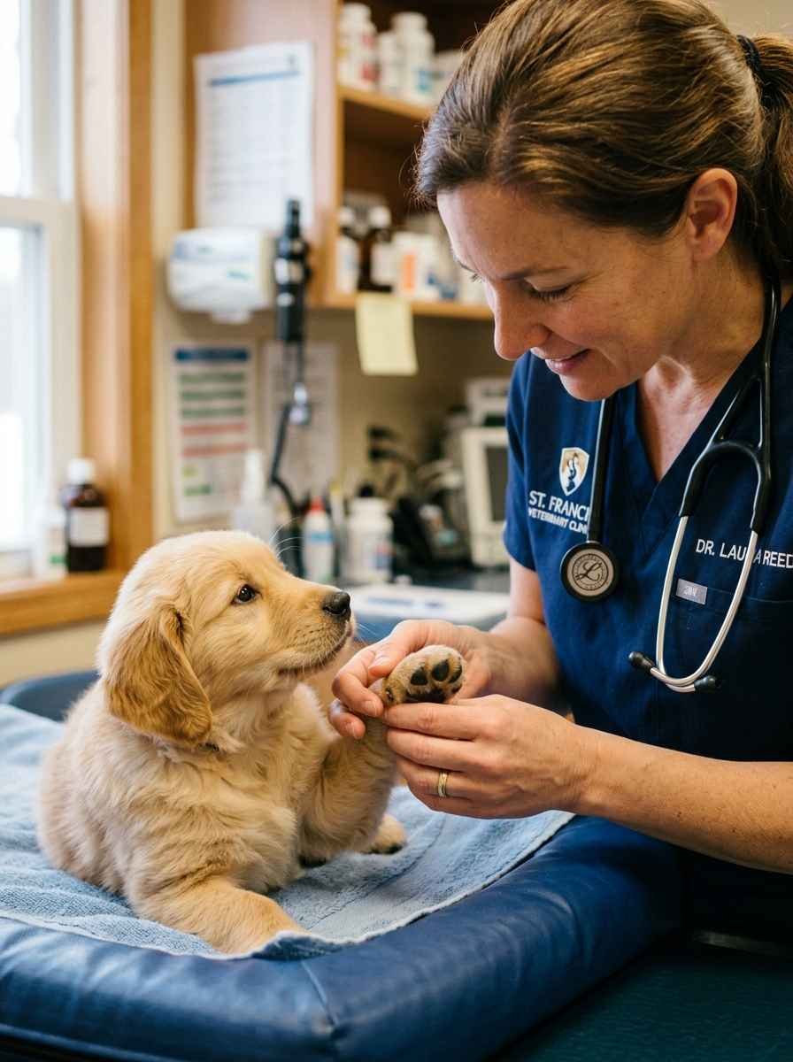 A close-up of a vet gently holding a puppy's paw during a checkup