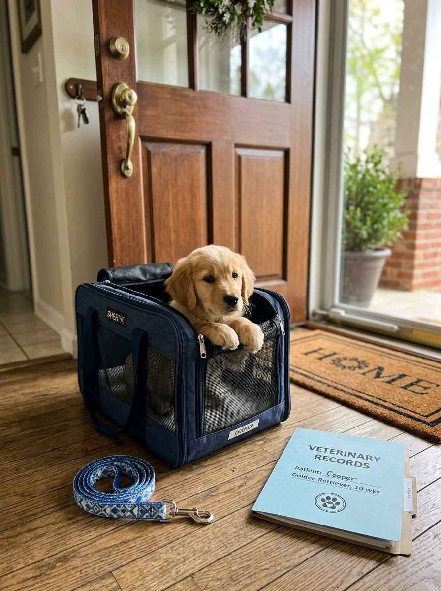 A puppy peeking out of a travel carrier at the front door, leash and vet folder placed nearby.