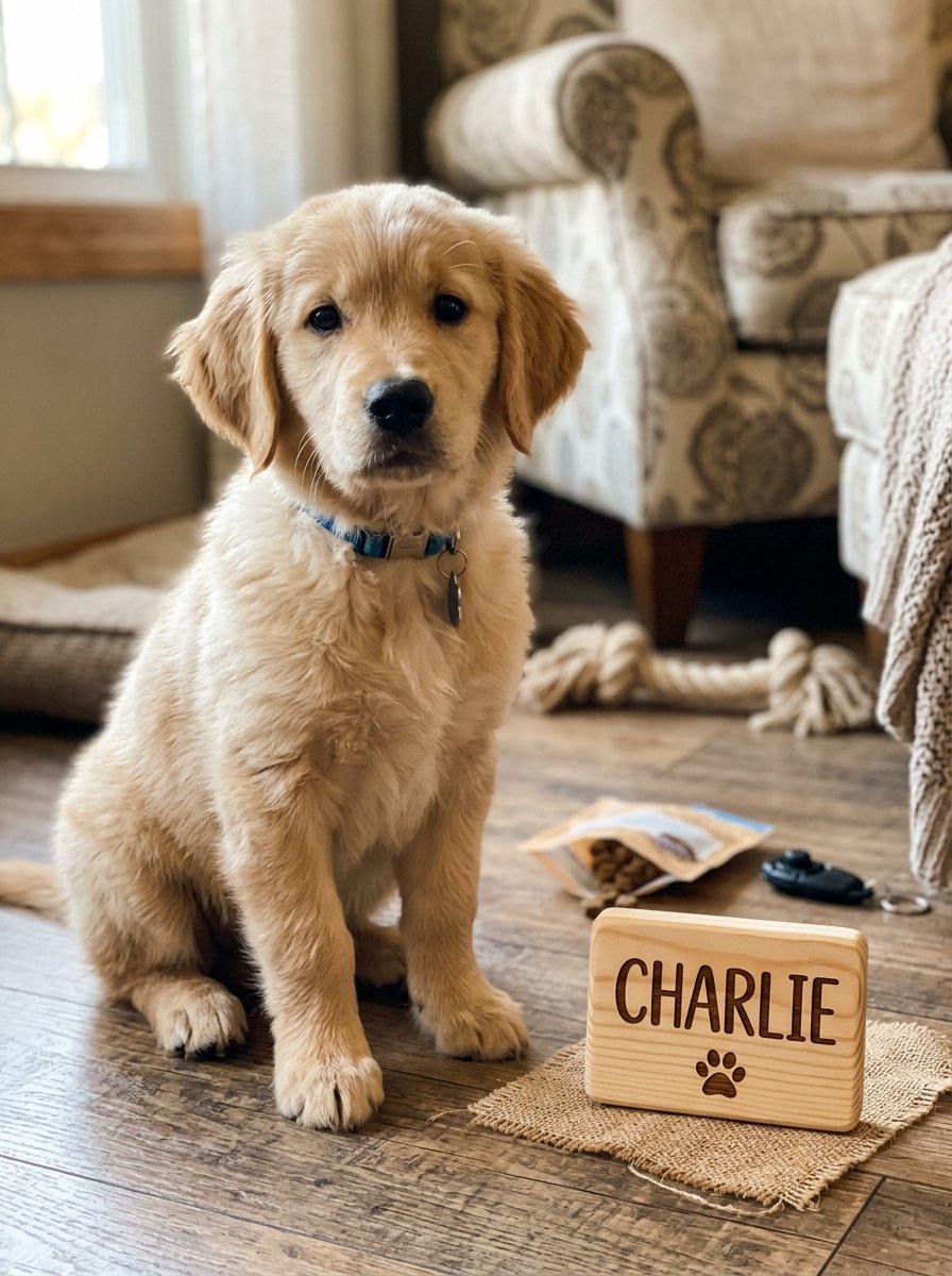 A puppy sitting beside a small nameplate or tag, symbolizing the start of name training.