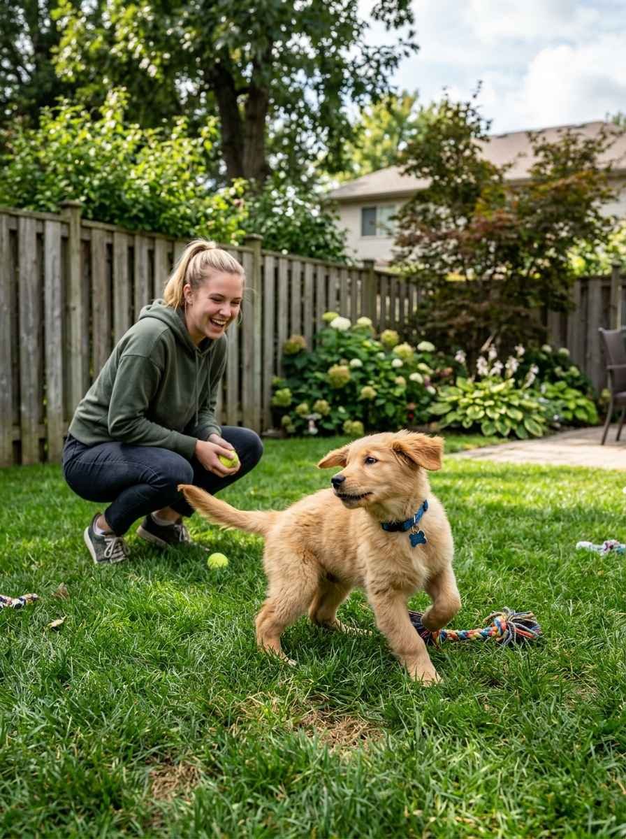 A puppy turning its head toward its owner while playing outside in a fenced backyard.