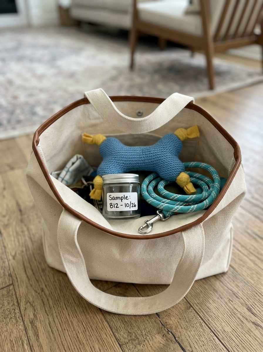 A small labeled sample container placed neatly inside a tote bag alongside a puppy's leash and toy.