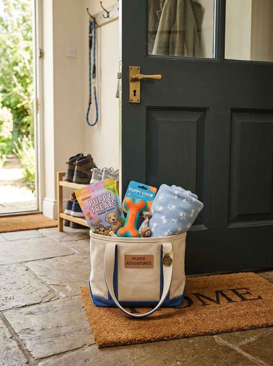 A small tote bag packed with puppy treats, a chew toy, and a folded blanket