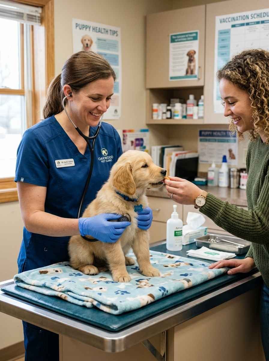 A vet gently examining a puppy on an exam table while the owner offers a treat for reassurance.