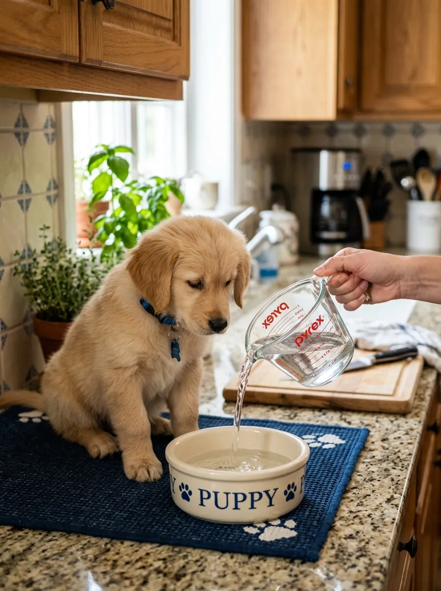 A small measuring cup pouring water into a puppy's bowl on a kitchen counter