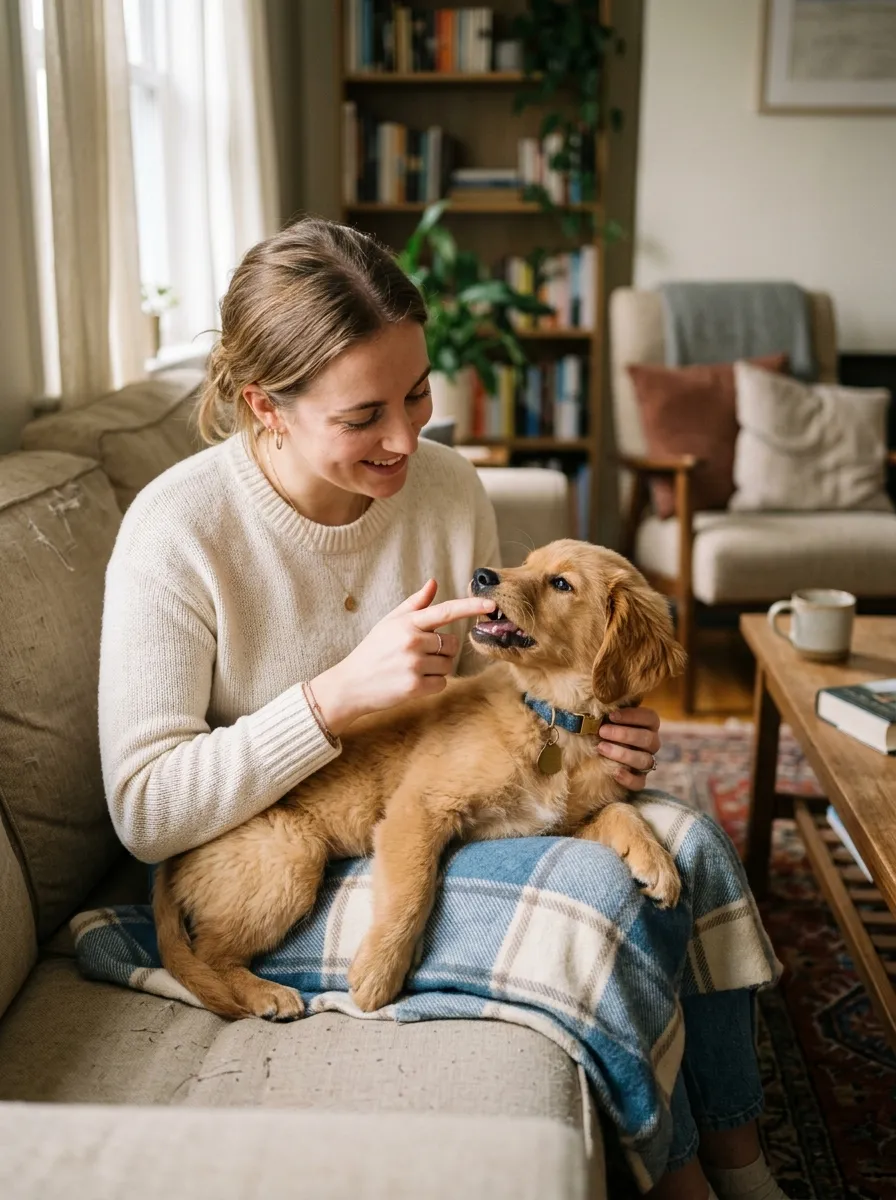 A person gently checking a puppy's gums during a calm at-home wellness check.