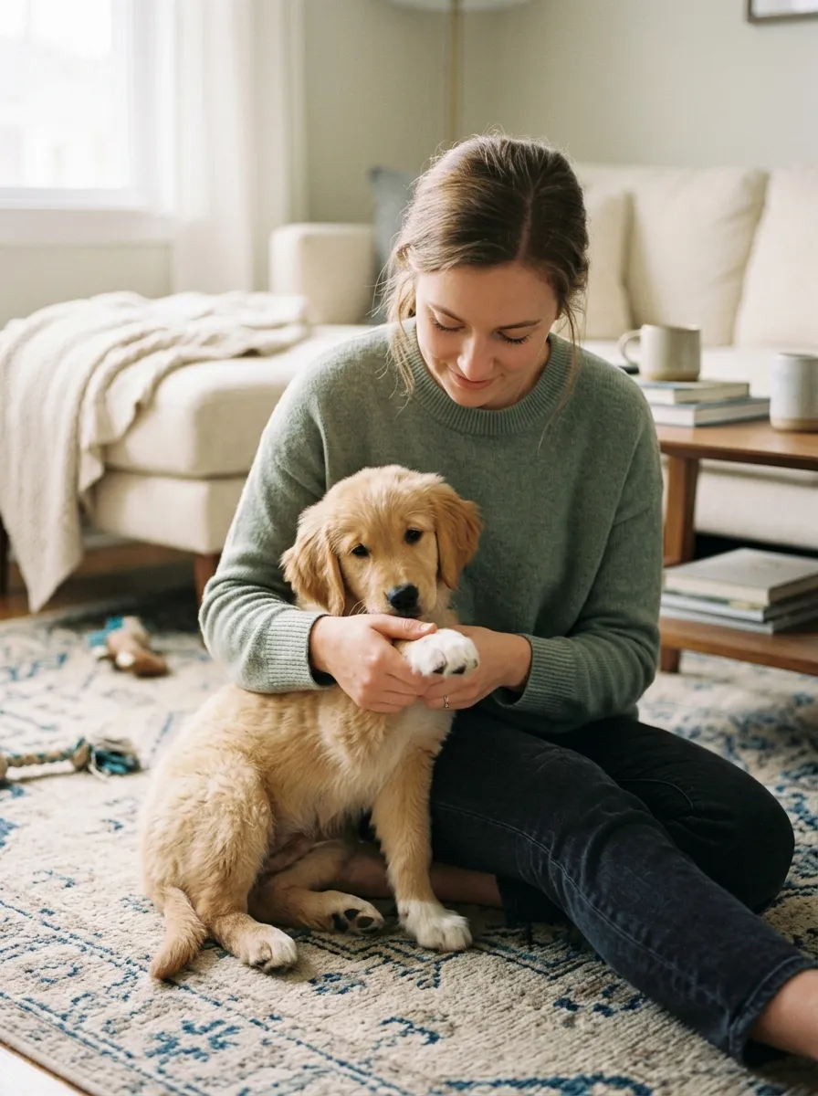 A person gently holding a puppy's paw during a calm handling exercise on a living room floor.