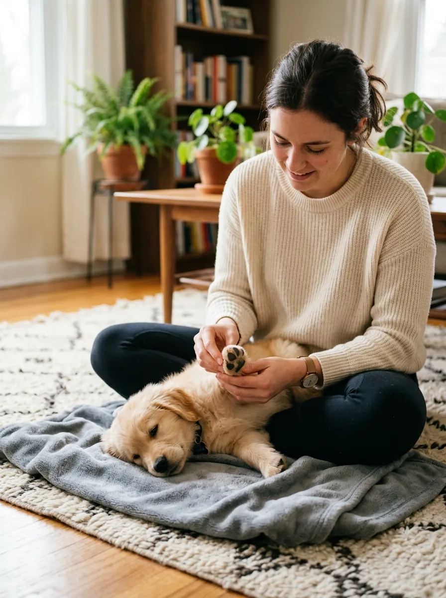 Person gently massaging a puppy's paw on the floor