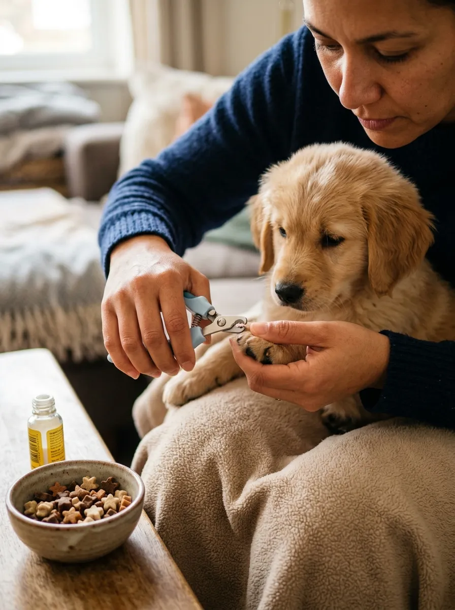 A close-up of a person carefully trimming a puppy's nail with small clippers, treats nearby.