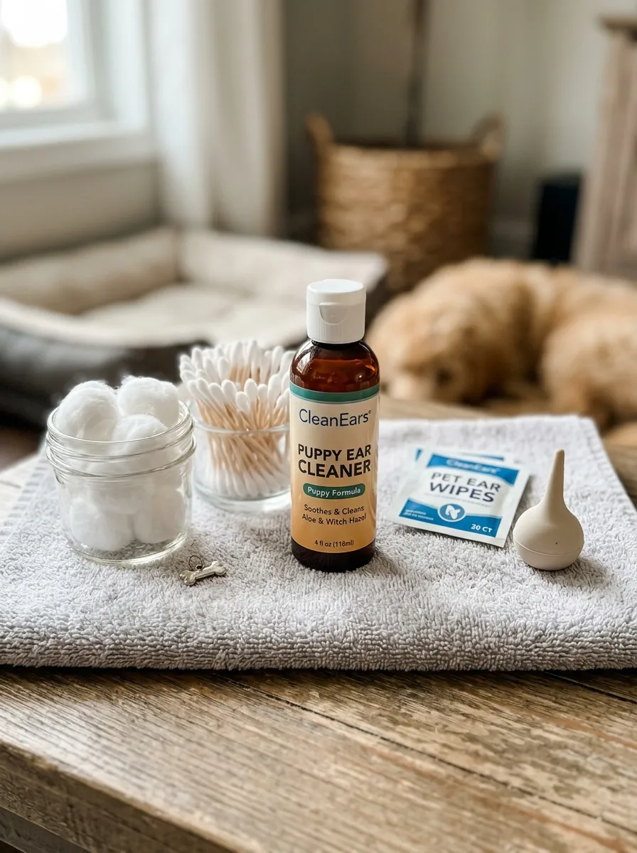 Puppy ear cleaning supplies laid out neatly on a towel, including cotton balls and a cleaning solution bottle.