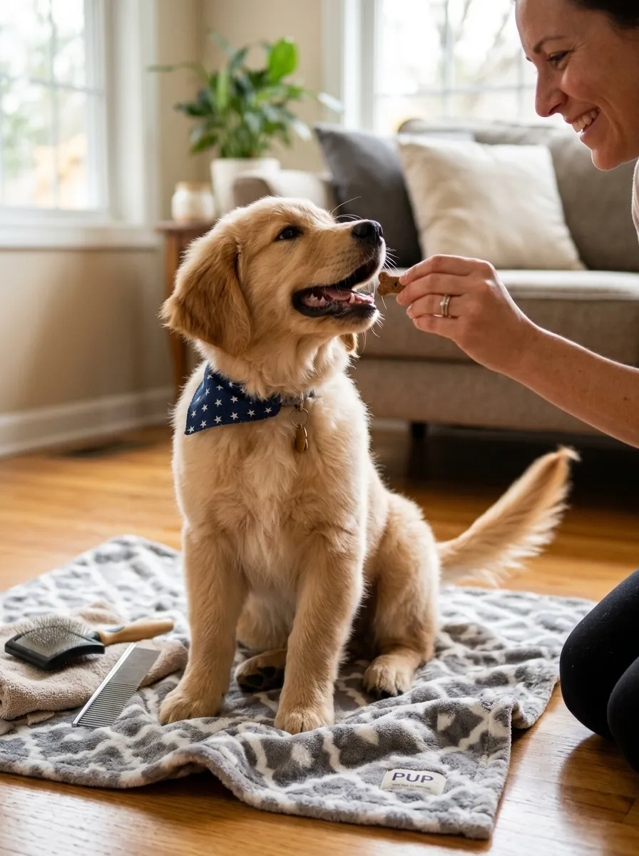 A relaxed puppy receiving a treat after a short grooming session, tail wagging happily.