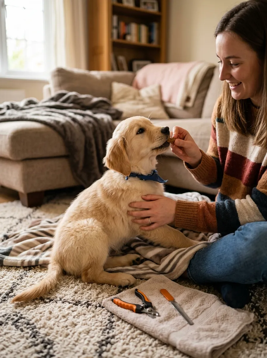 A relaxed puppy receiving a treat after a nail trim session, tail relaxed and calm.