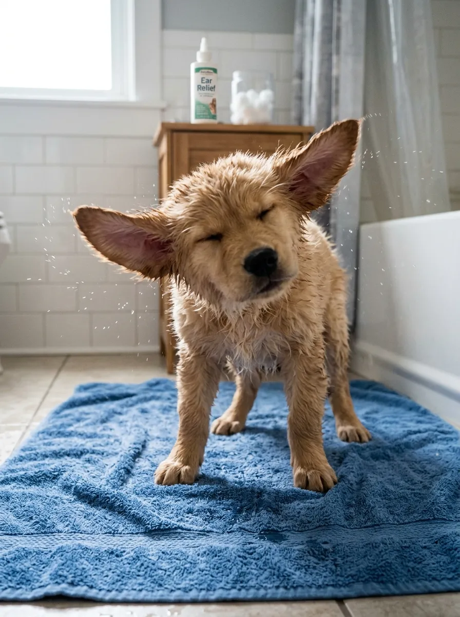A puppy mid-shake with ears flopping, standing on a towel-covered floor after ear cleaning.