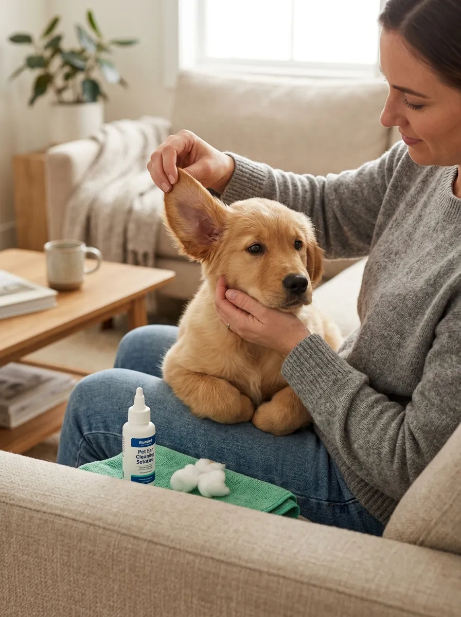 A puppy sitting calmly on an owner's lap, being gently prepared for an ear cleaning session.