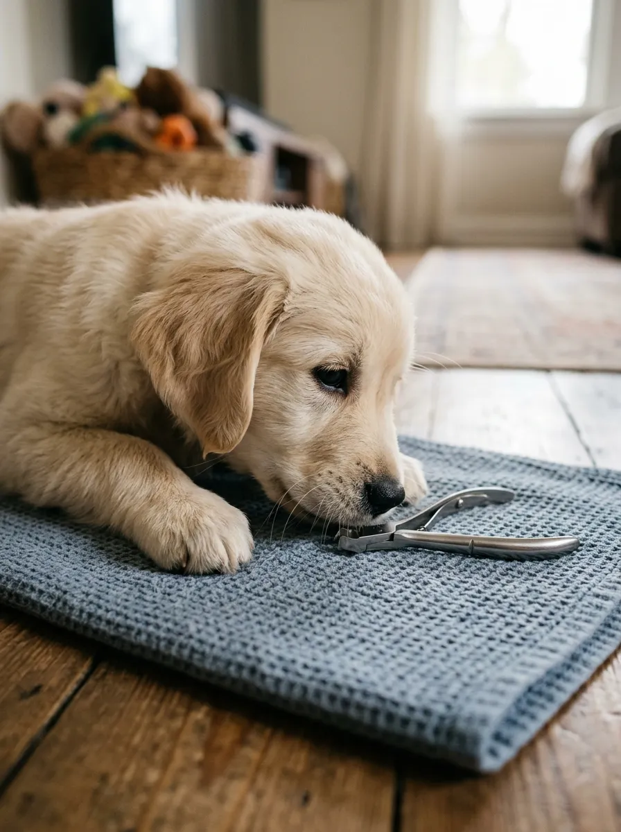 A puppy sniffing curiously at a pair of nail clippers resting on a towel.
