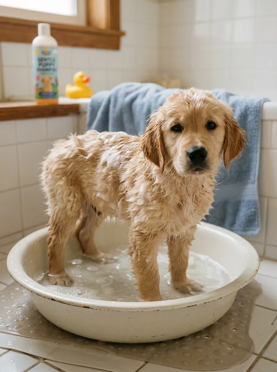 A puppy standing calmly in a shallow tub during bath time, gentle suds visible on its back