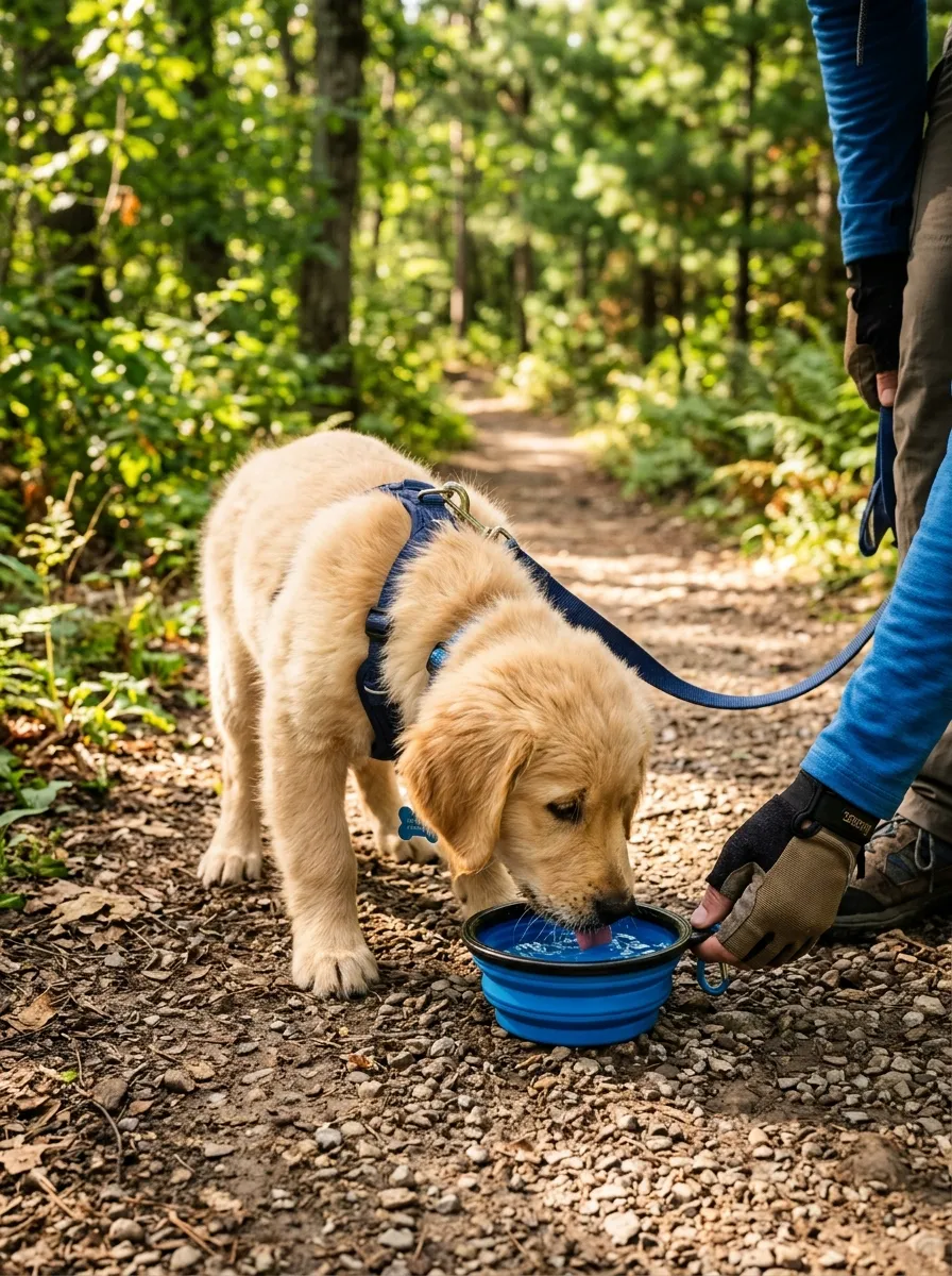 A puppy taking a water break from a portable travel bowl during an outdoor walk on a sunny day.